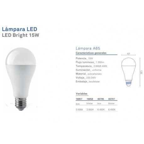 Imagen de Ampolleta LED A65 Clásica 15W/6400K E-27 Megabright