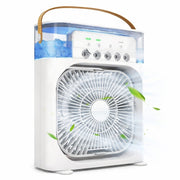 Enfriador de aire portátil con depósito de agua de 600 ml, ventilador de escritorio con luces LED de 7 colores, 3 velocidades de viento y temporizador programable. Climatizador compacto ideal para oficina, dormitorio, living y espacios reducidos.
