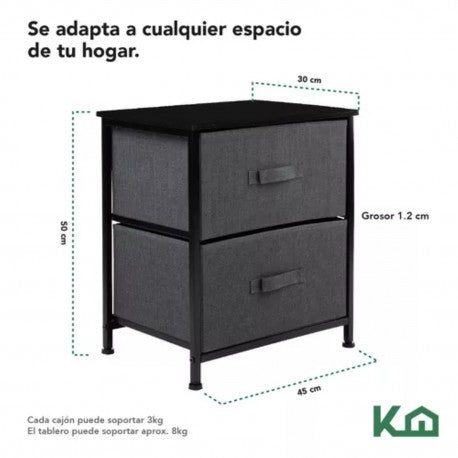 Comoda 2 Cajones Tela Gris con Negro