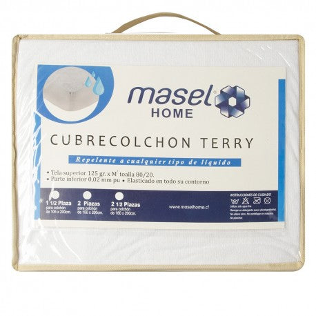 Cubre Colchon repelente al agua Terry single 1.5 plazas Blanco. Masel