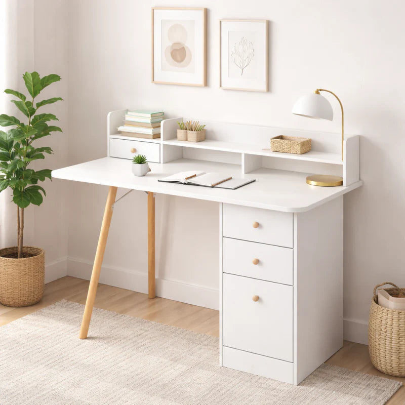Escritorio Nordico Con Estanteria 3 Cajones Blanco