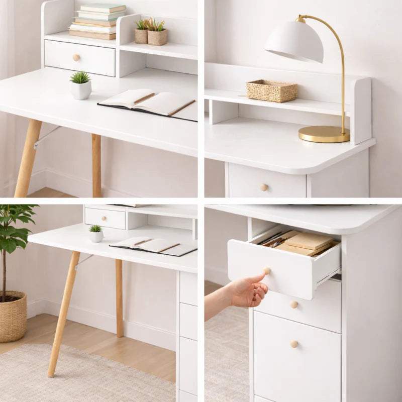 Escritorio Nordico Con Estanteria 3 Cajones Blanco