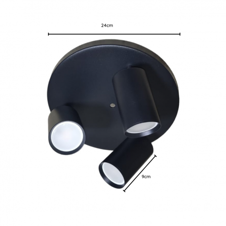 Foco porta gu10 triple base redonda negro sobrepuesto modelo altair III