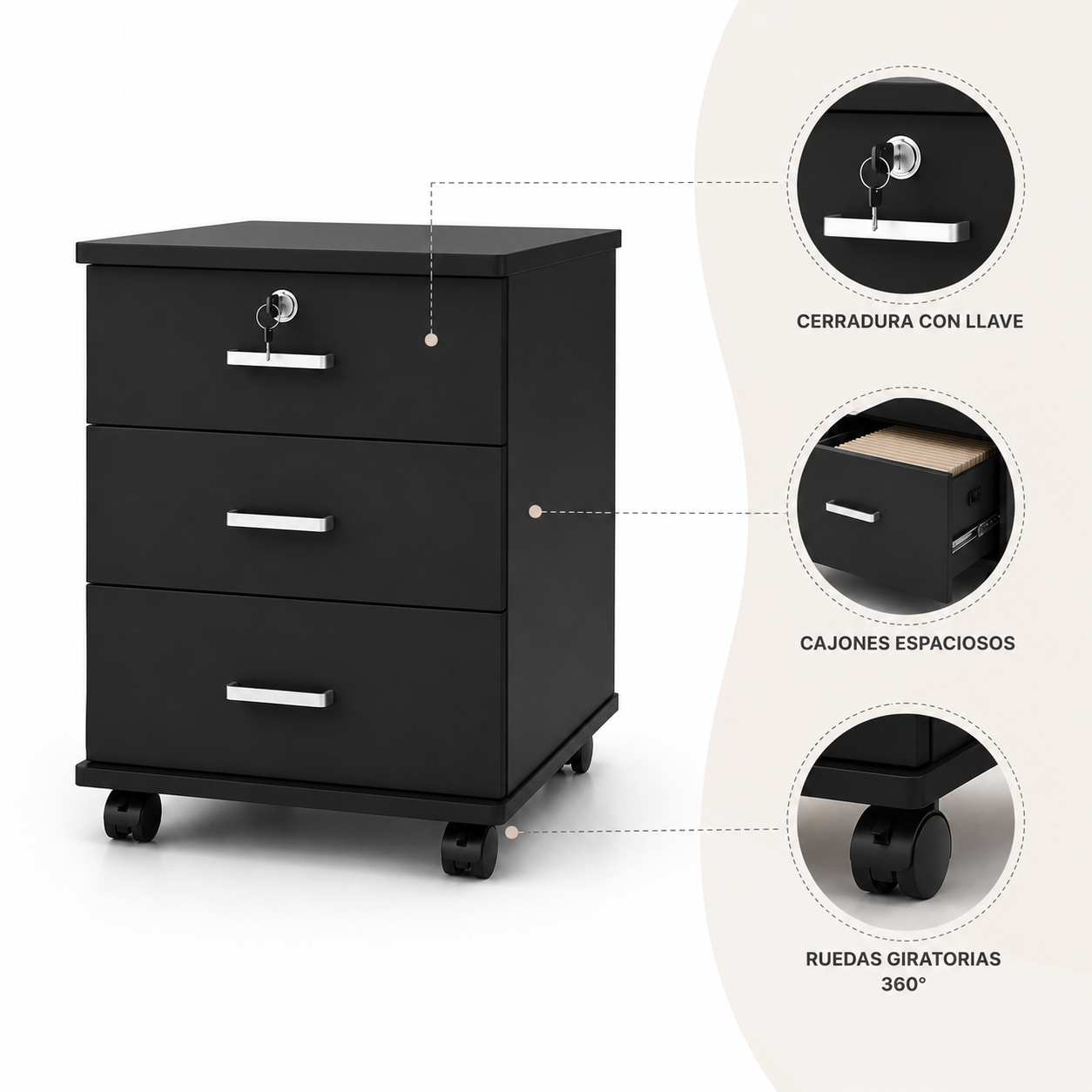 Gabinete para oficina 3 cajones con llave negro