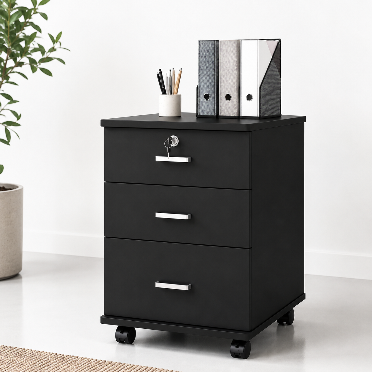 Gabinete para oficina 3 cajones con llave negro