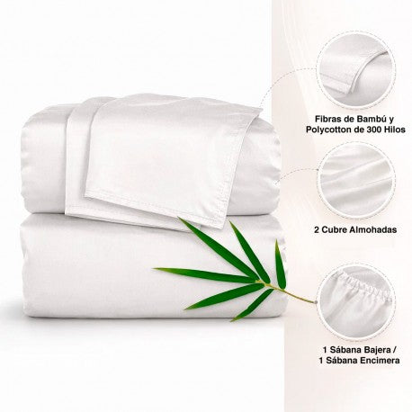 Juego de Sabanas de Bambu 300 Hilos Blanco Biancobelo King