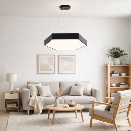 Lampara led moderna colgante 48w 600mm negra 6000k modelo hexagono cerrado sudeep Konnergie