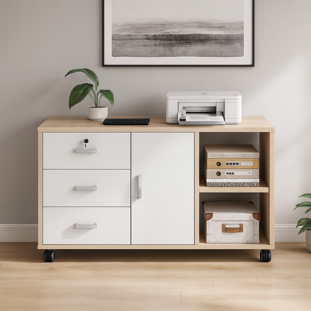 Gabinete con 3 cajones y ruedas color madera