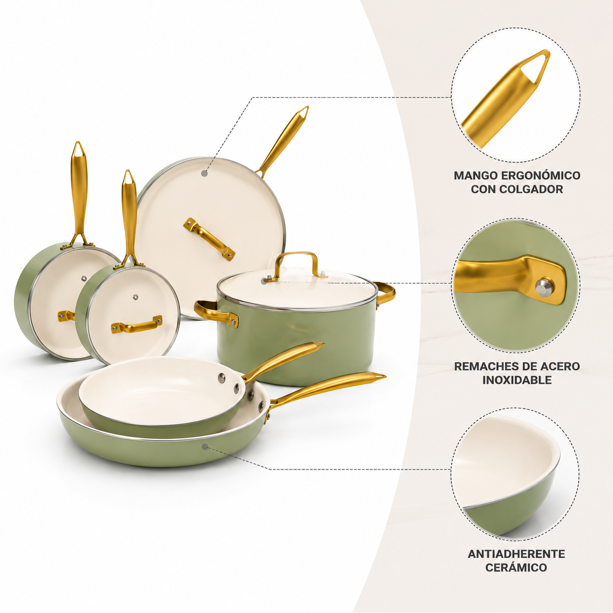 Batería de Cocina Antiadherente Verde con Mangos Dorados