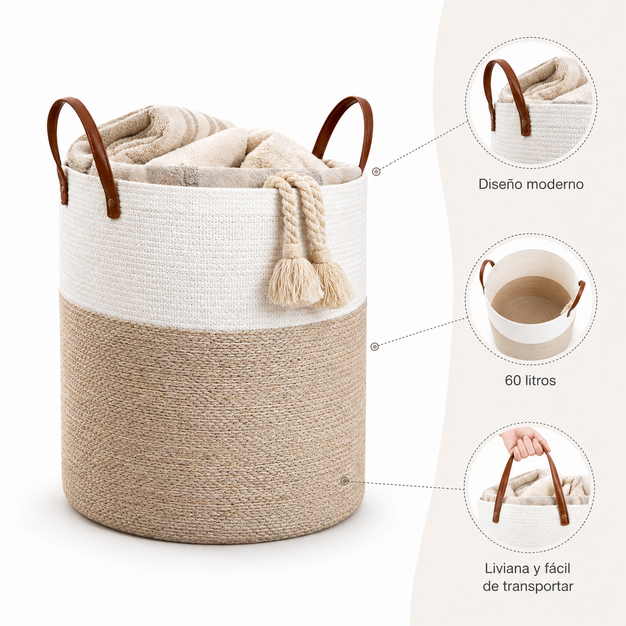 Cesta Canasta tejida Beige Blanca 60 Litros