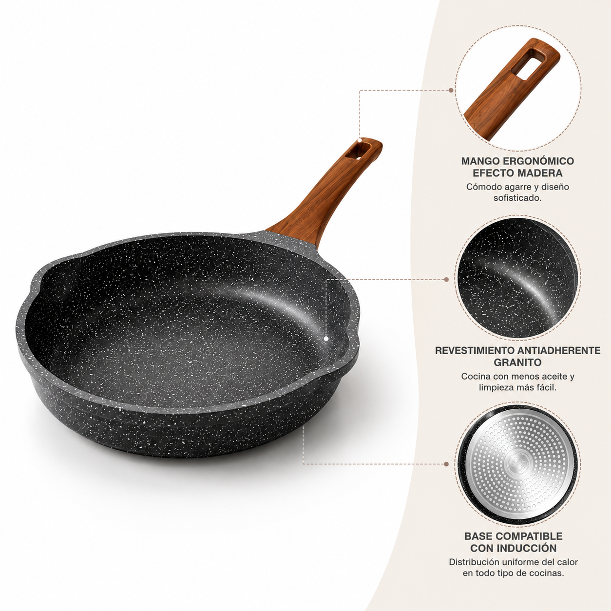 Sartén Antiadherente Efecto Piedra con Mango Madera