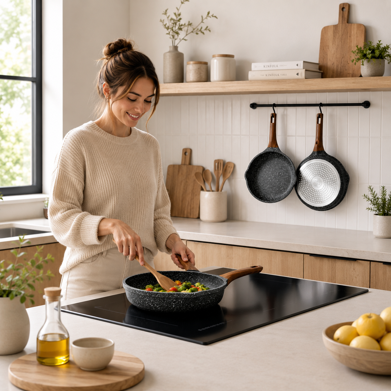 Sartén Antiadherente Efecto Piedra con Mango Madera
