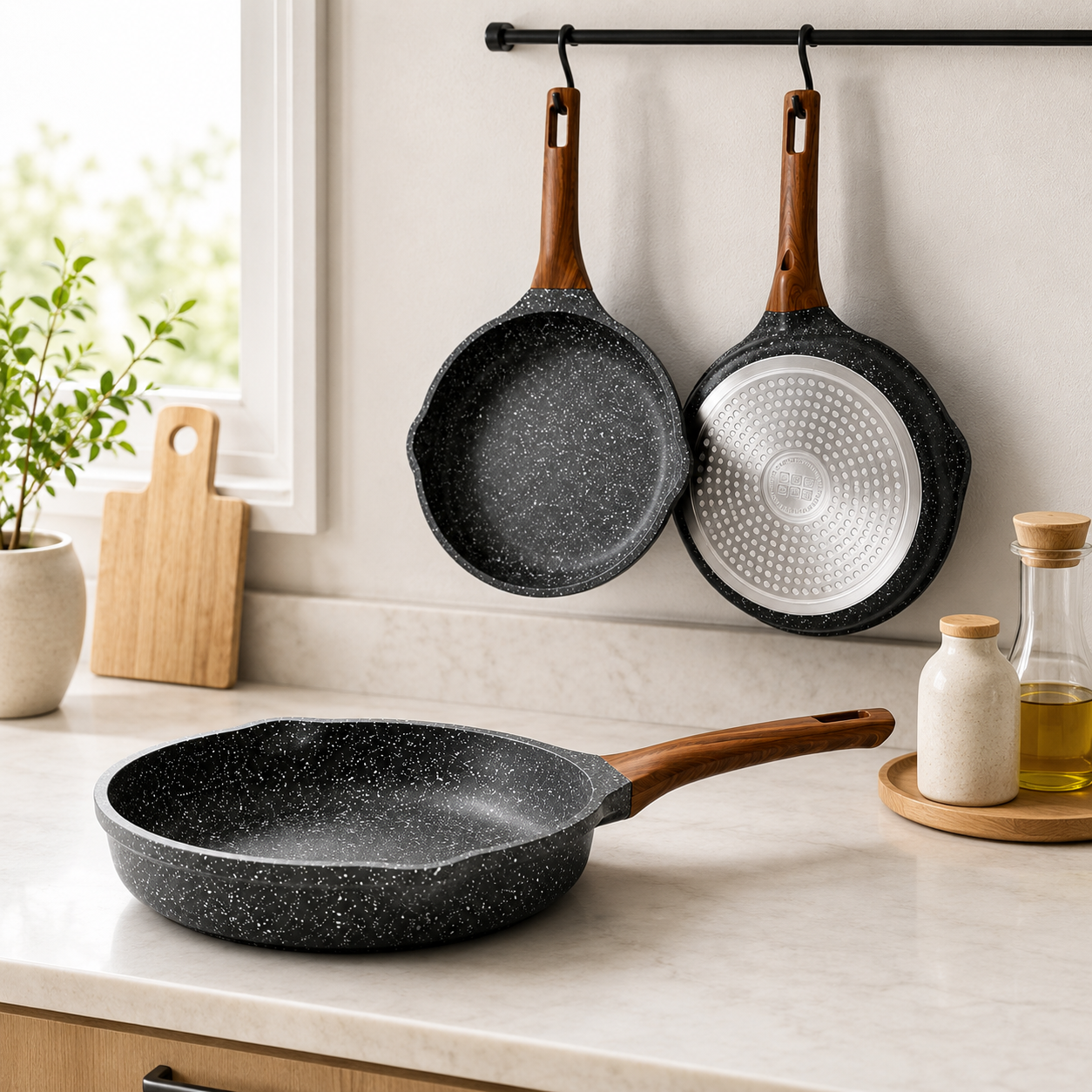 Sartén Antiadherente Efecto Piedra con Mango Madera