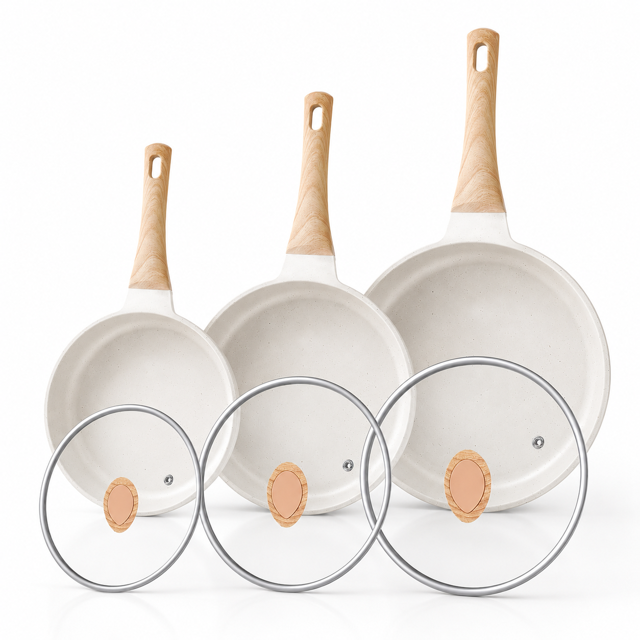 Set de Sartenes Antiadherentes Blancos con Tapas de Vidrio