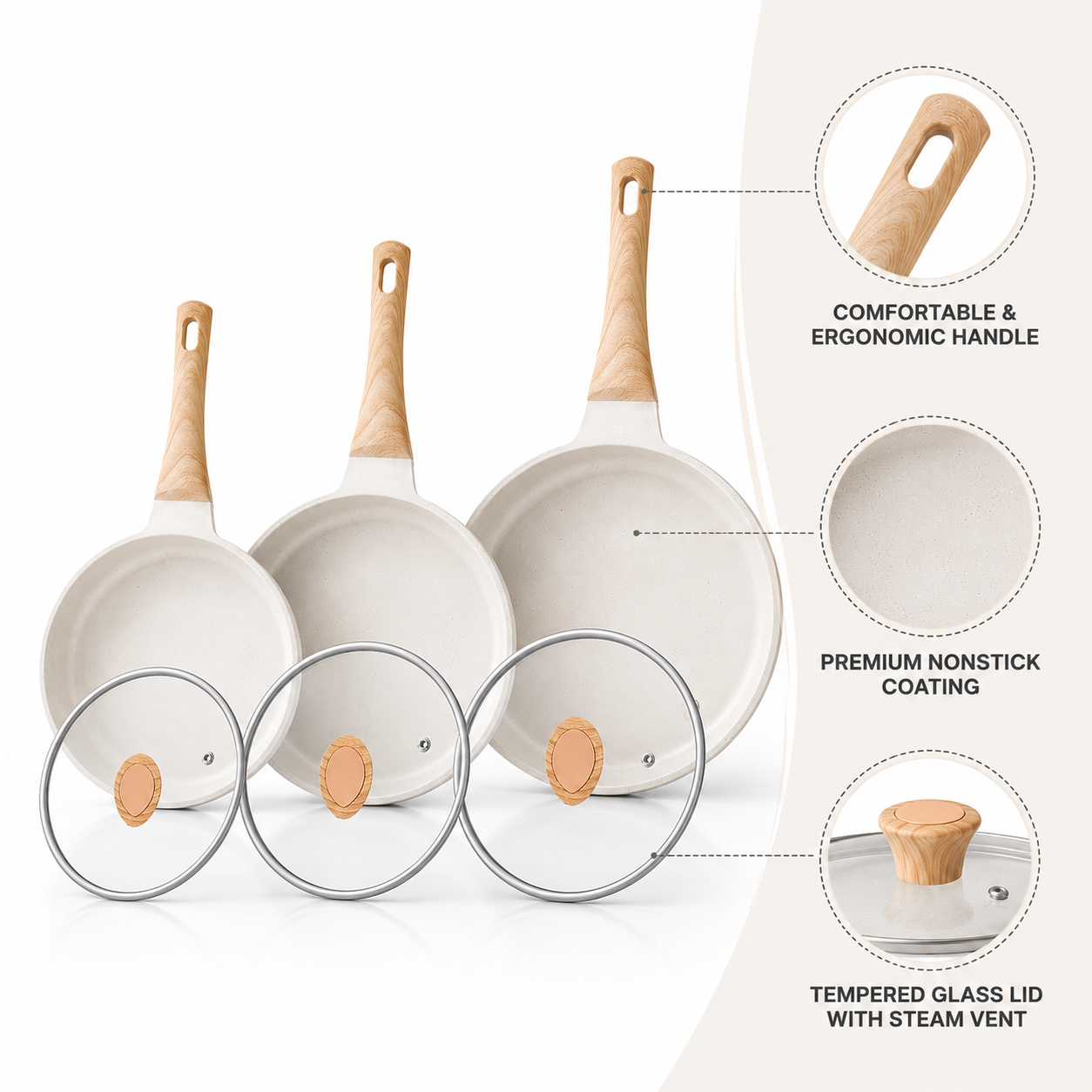 Set de Sartenes Antiadherentes Blancos con Tapas de Vidrio