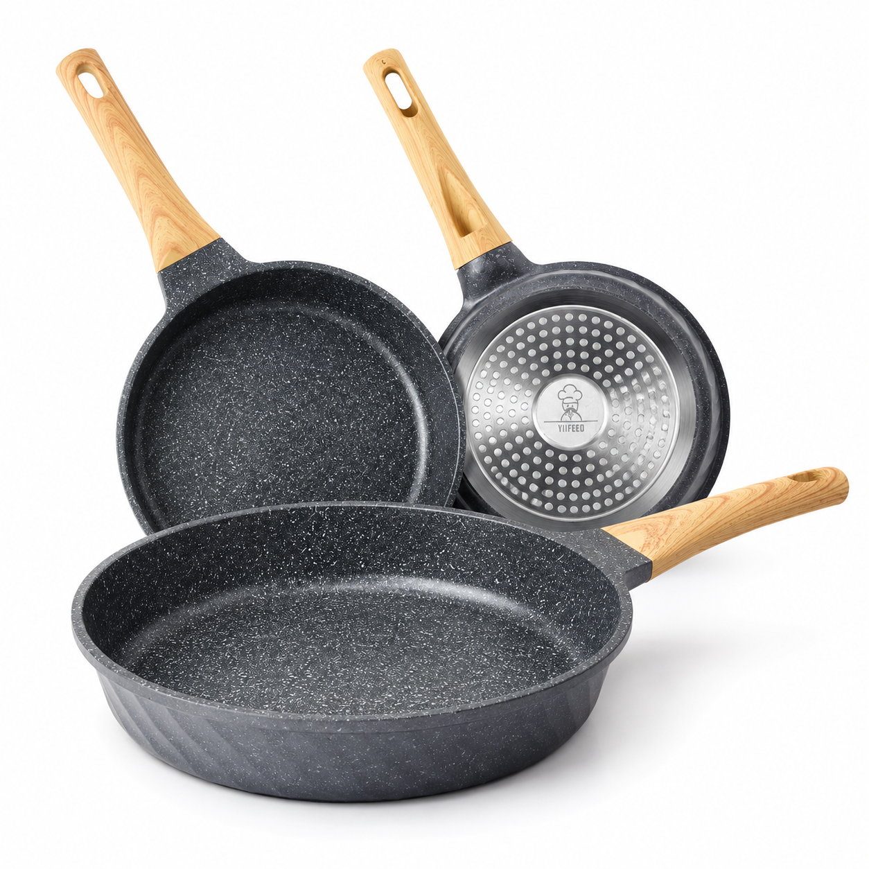 Set de Sartenes Antiadherentes Efecto Piedra con Mango Madera