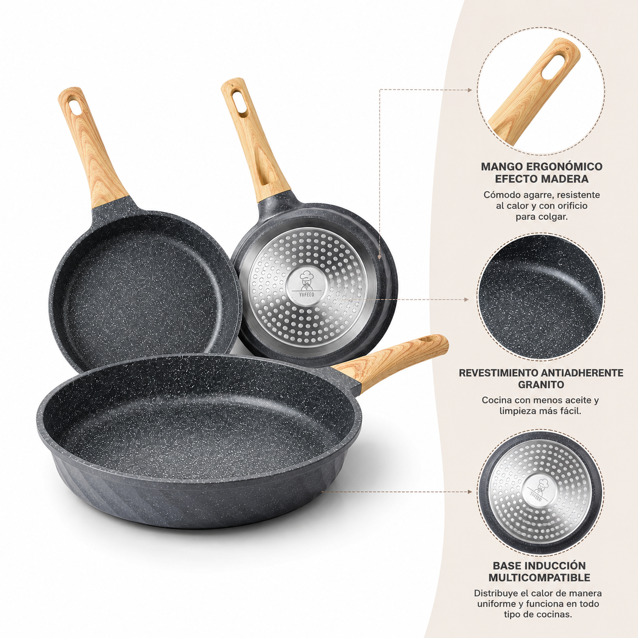 Set de Sartenes Antiadherentes Efecto Piedra con Mango Madera