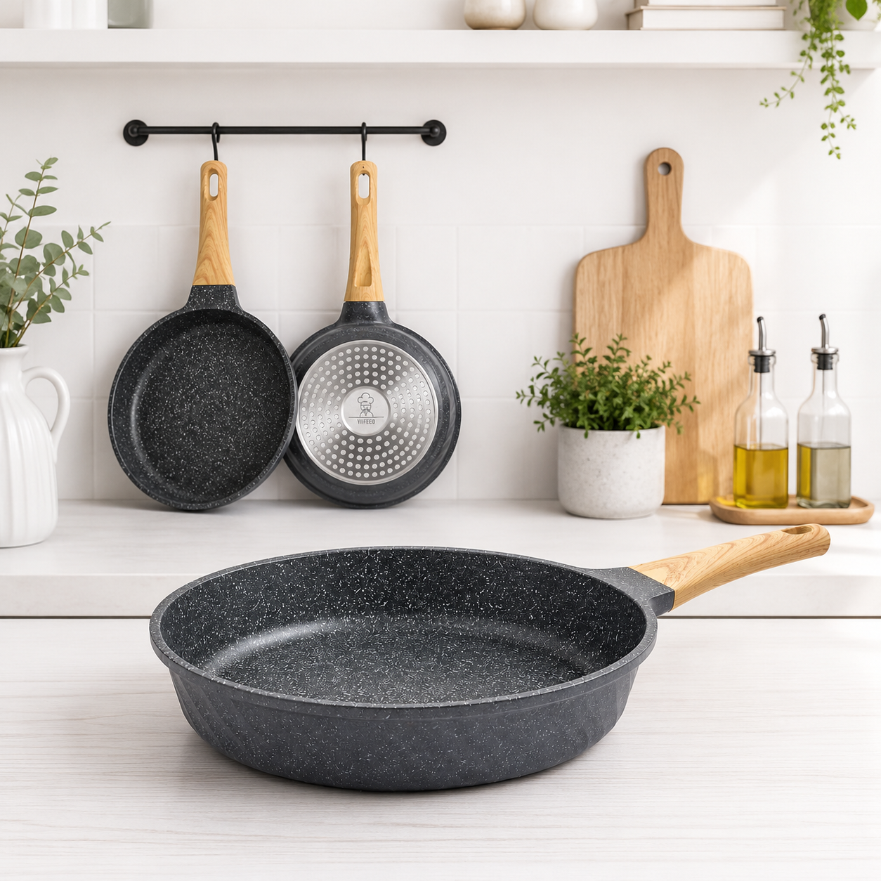 Set de Sartenes Antiadherentes Efecto Piedra con Mango Madera
