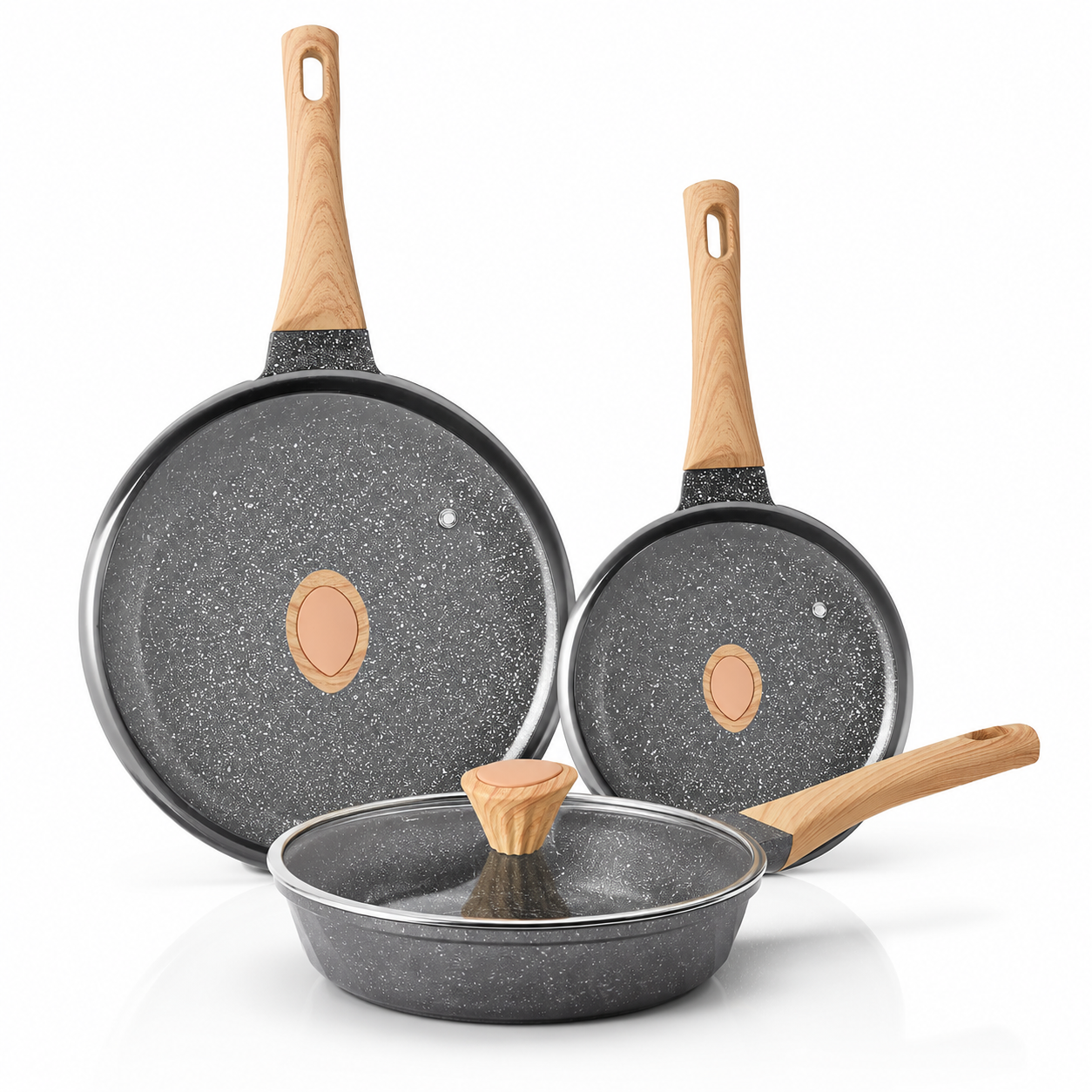Set de Sartenes Antiadherentes Efecto Piedra con Tapas
