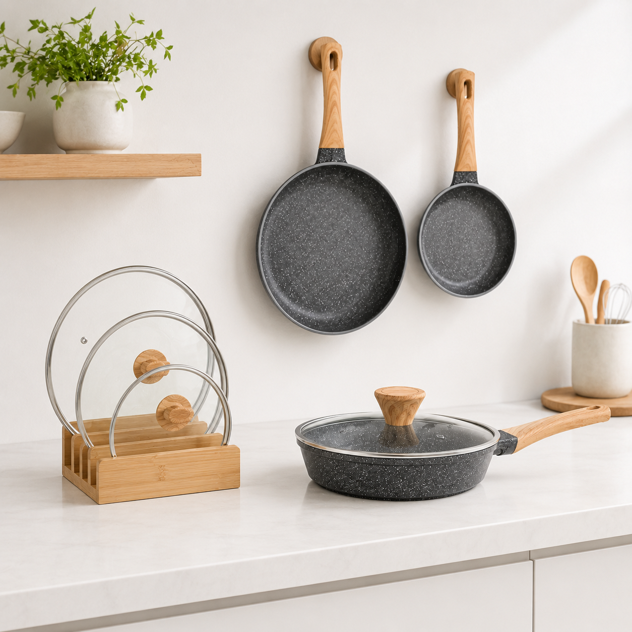 Set de Sartenes Antiadherentes Efecto Piedra con Tapas