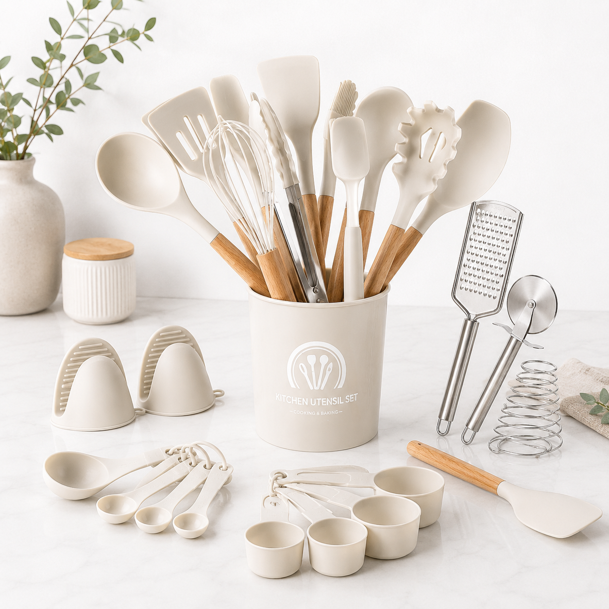 Set de Utensilios de Cocina Silicona Premium con Mango Tipo Madera