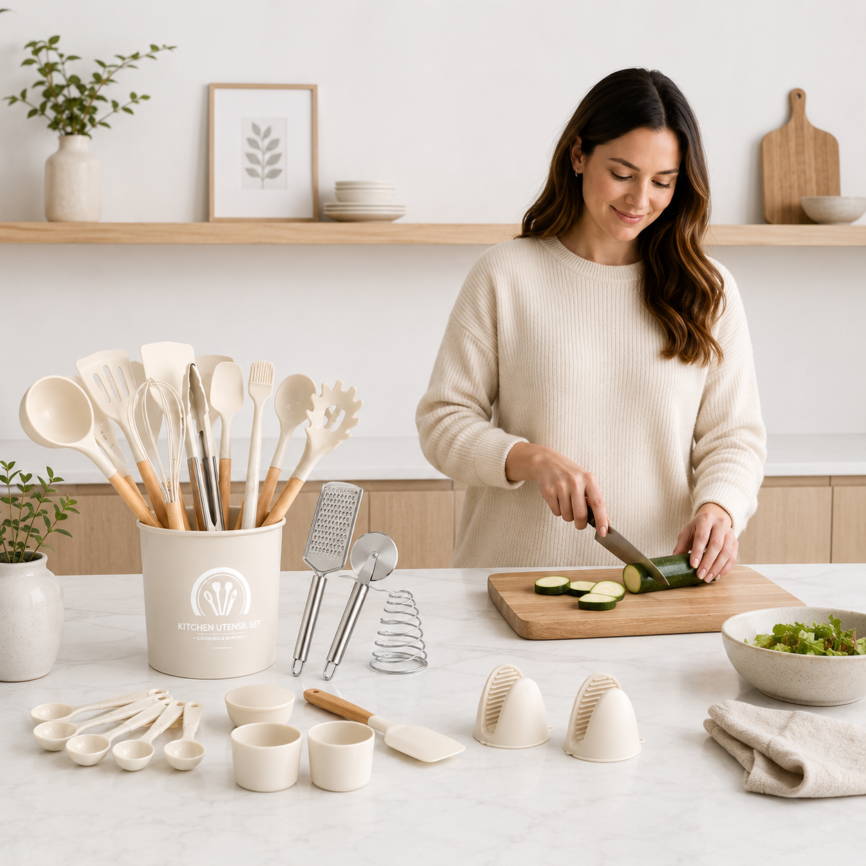 Set de Utensilios de Cocina Silicona Premium con Mango Tipo Madera