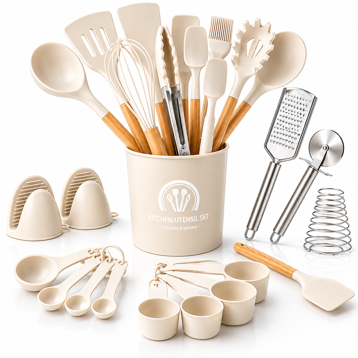 Set de Utensilios de Cocina Silicona Premium con Mango Tipo Madera