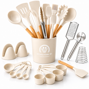 Set de Utensilios de Cocina Silicona Premium con Mango Tipo Madera