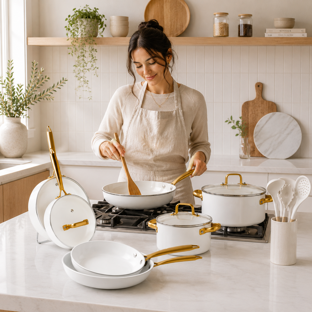 Batería de Cocina Antiadherente Blanca con Mangos Dorados