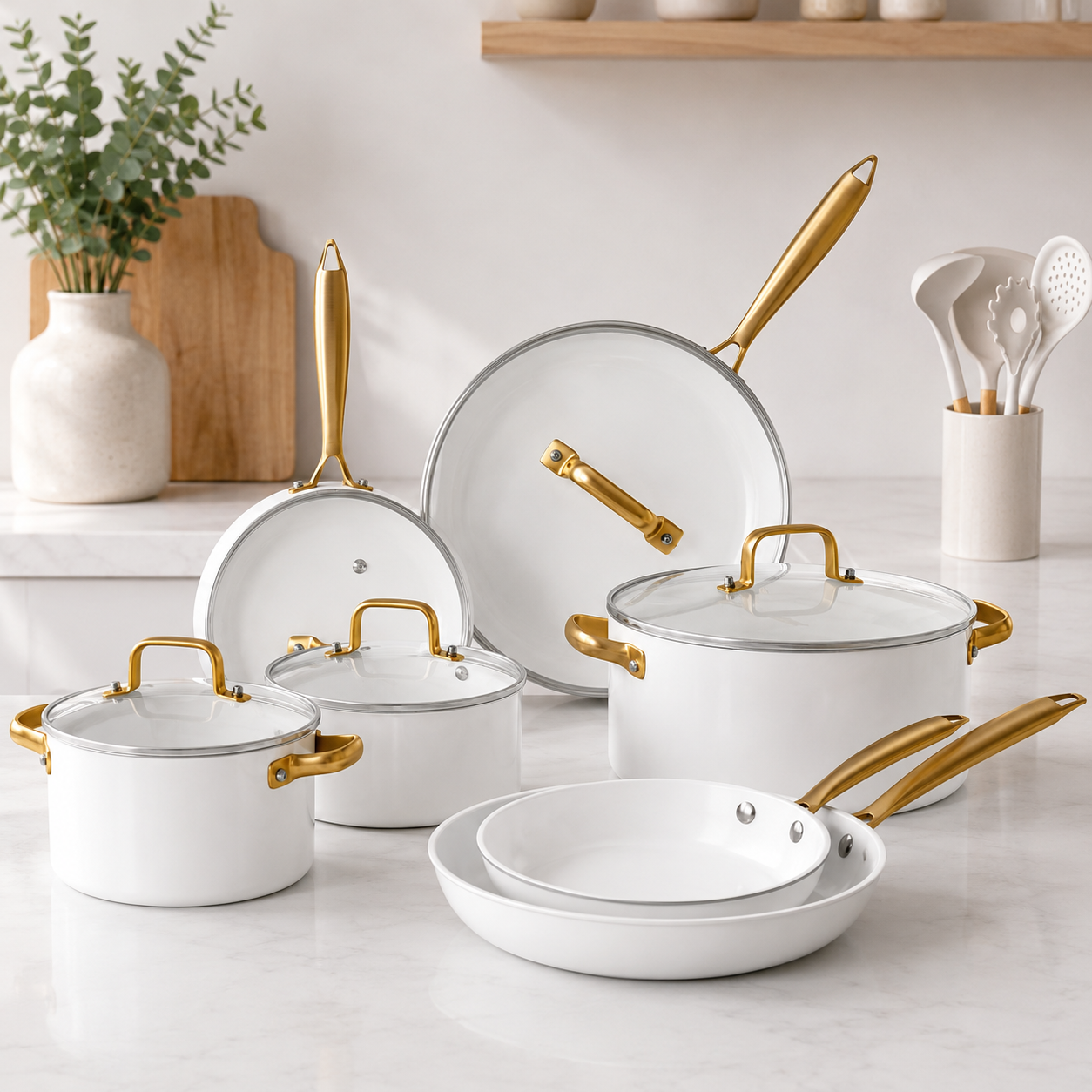 Batería de Cocina Antiadherente Blanca con Mangos Dorados