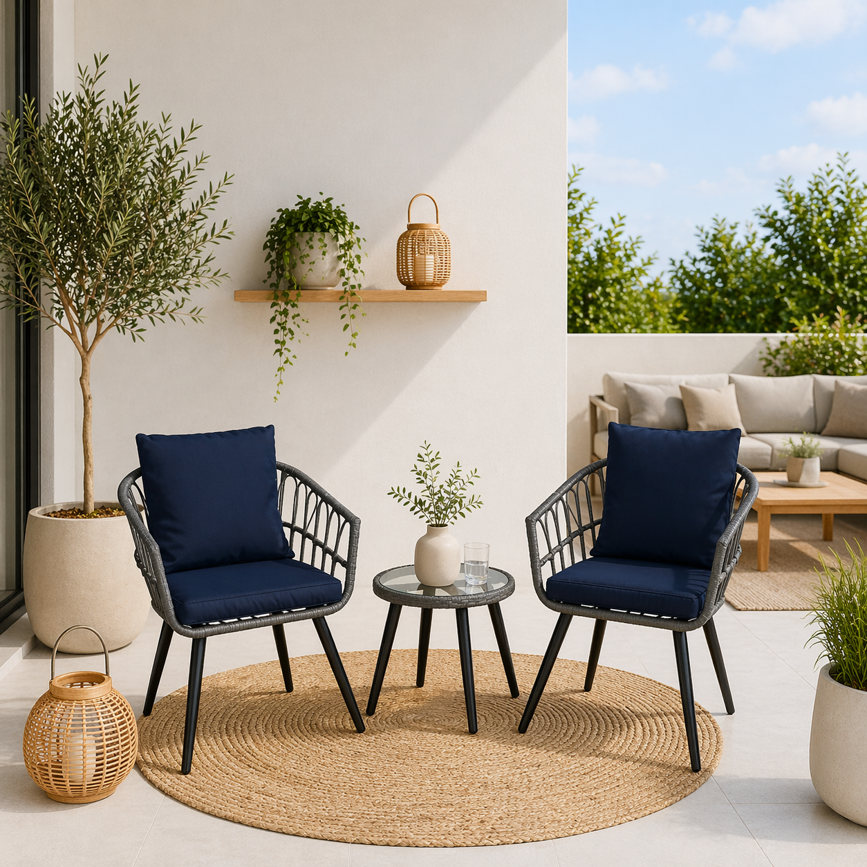 Juego Terraza Balcon Bintang Sillones Con Almohadon Y Mesa Azul