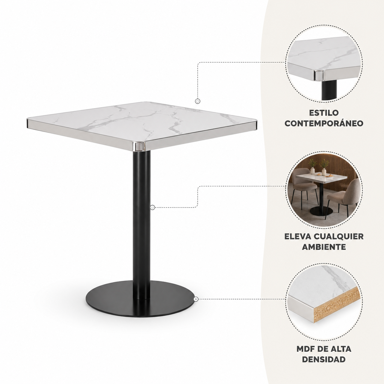 Mesa Parisina 70x70 Marmol Ribete Plateado