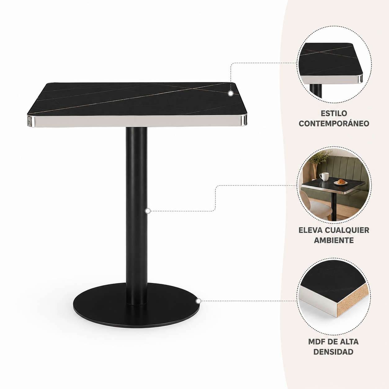 Mesa Parisina 70x70 Negra Ribete Plateado
