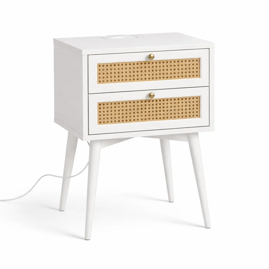 Velador Rattan 2 Cajones Blanco