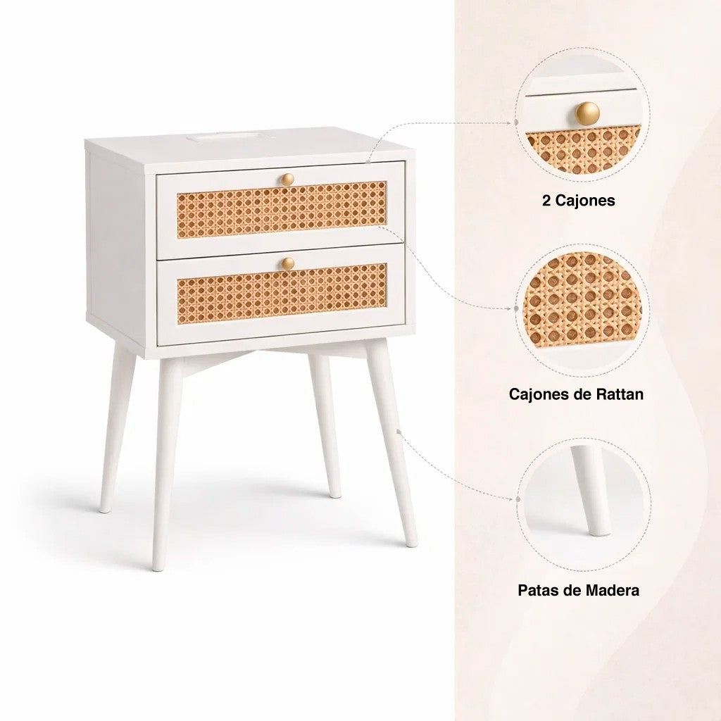 Velador Rattan 2 Cajones Blanco