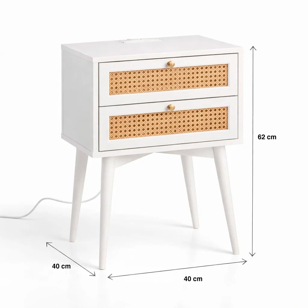 Velador Rattan 2 Cajones Blanco