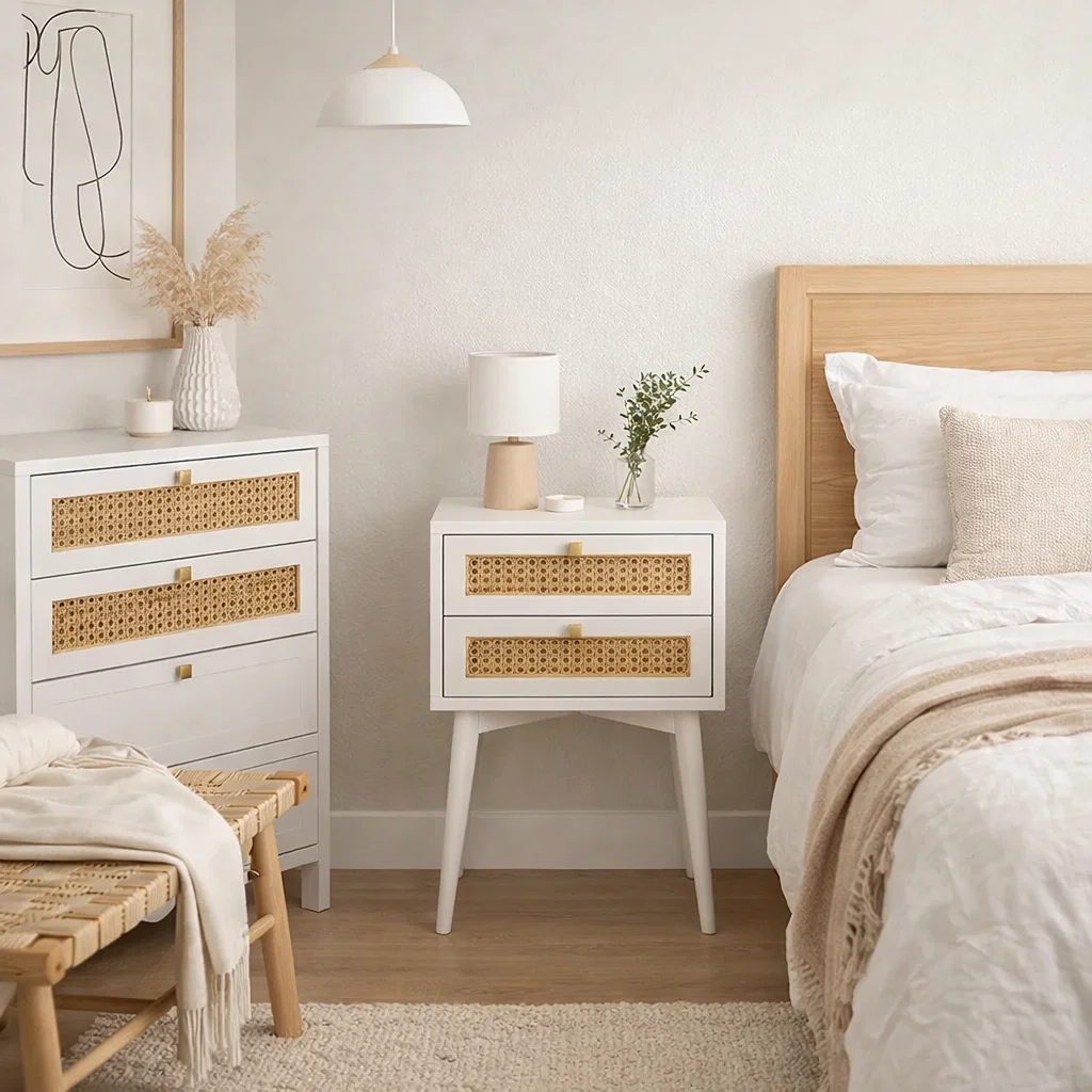 Velador Rattan 2 Cajones Blanco
