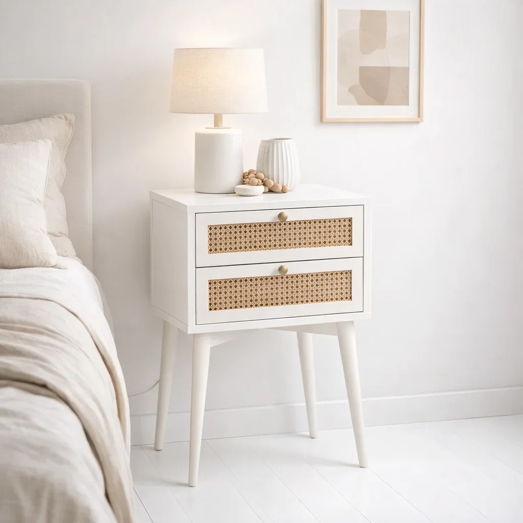 Velador Rattan 2 Cajones Blanco