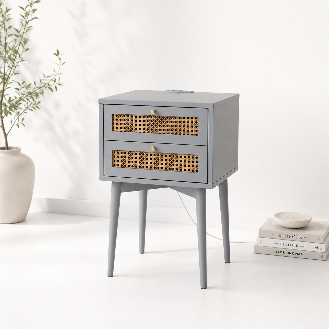 Velador Rattan 2 Cajones Gris