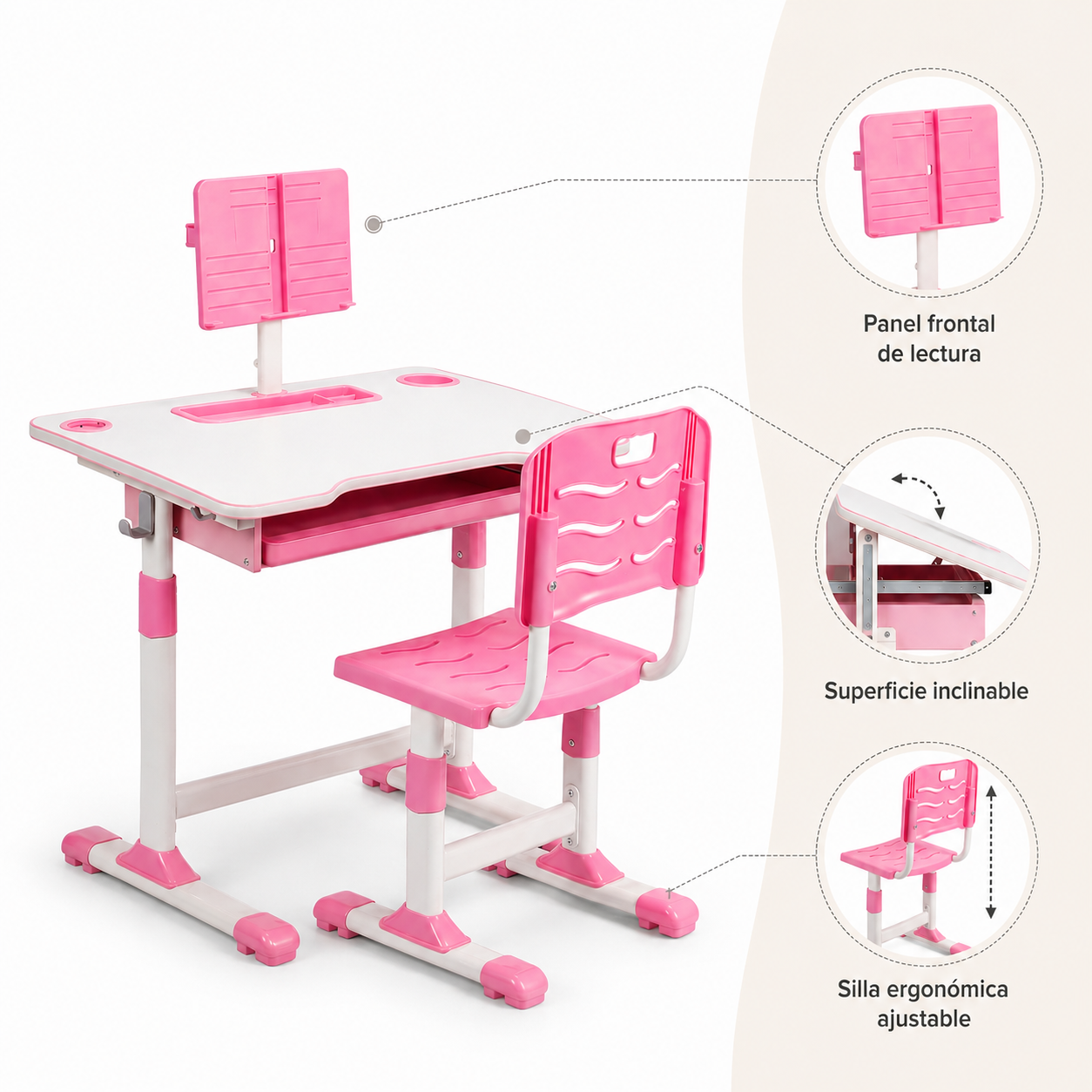 Escritorio + Silla Ergonomica para niños Rosado