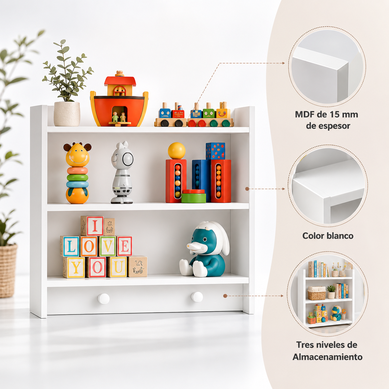 Repisa 3 niveles Montessori Blanca