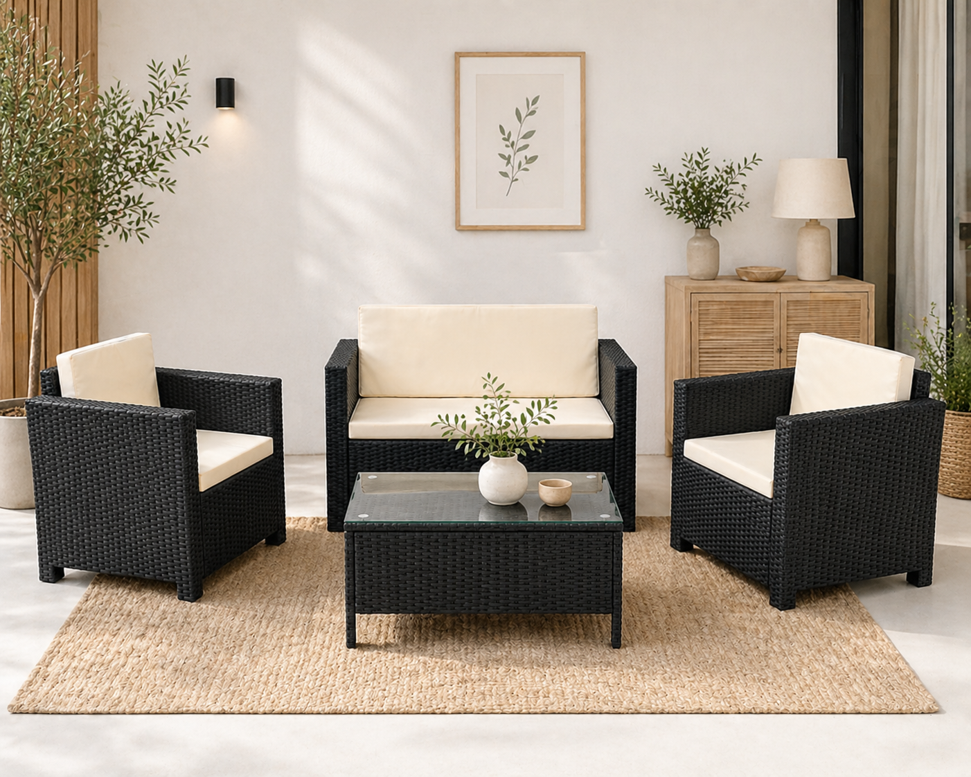 Set de terraza de 4 piezas Sunset Black Rattan