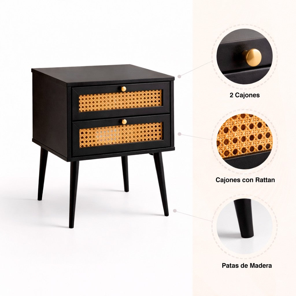 Velador Rattan 2 Cajones Negro
