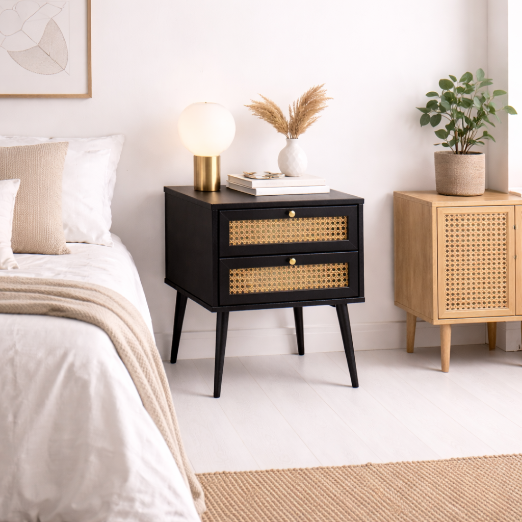Velador Rattan 2 Cajones Negro