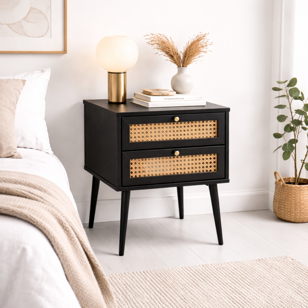 Velador Rattan 2 Cajones Negro