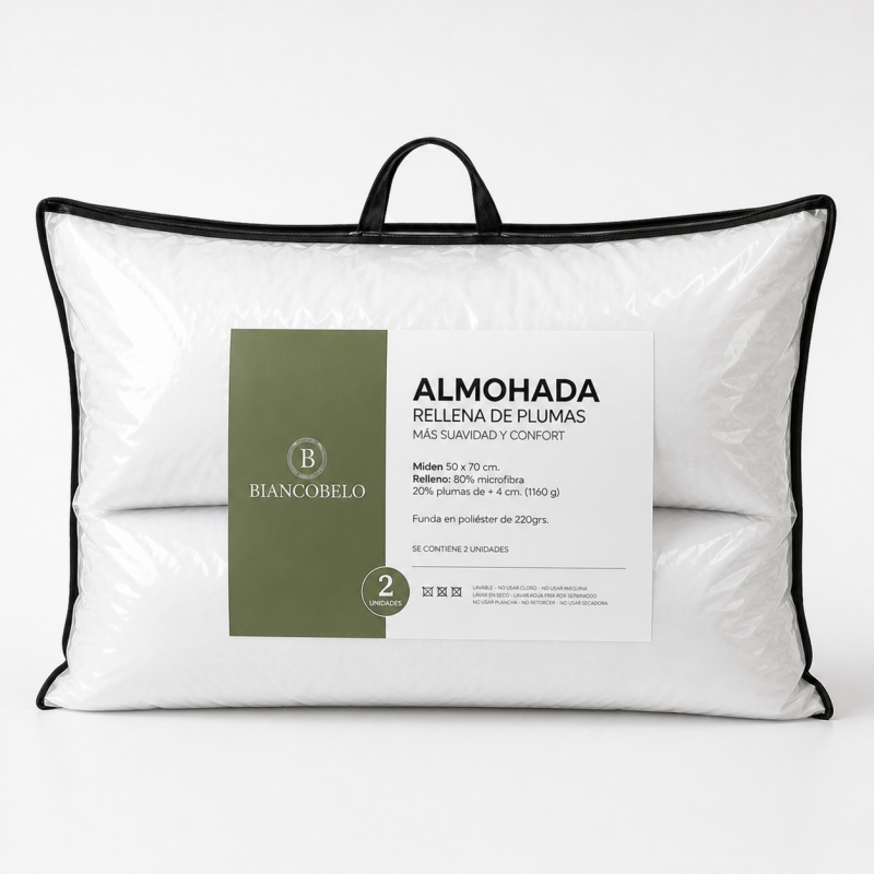 Almohadas Biancobelo 50x70 cm rellenas con pluma y microfibra, pack de 2 unidades. Almohadas suaves, mullidas y cómodas con funda de poliéster, ideales para un descanso confortable durante todo el año.