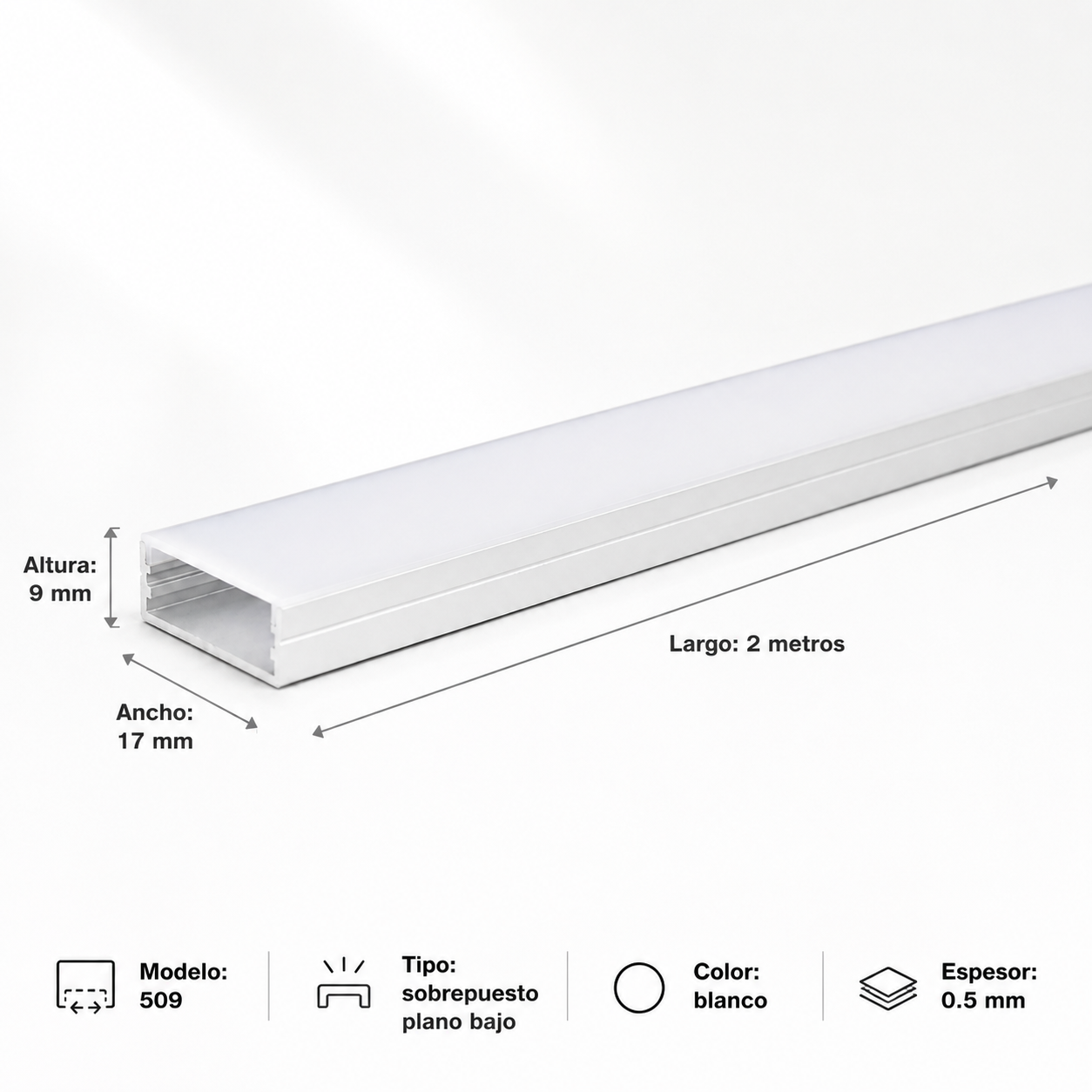 Perfil 2 metros 509 sobrepuesto plano bajo Color blanco 0.5mm  Konnergie
