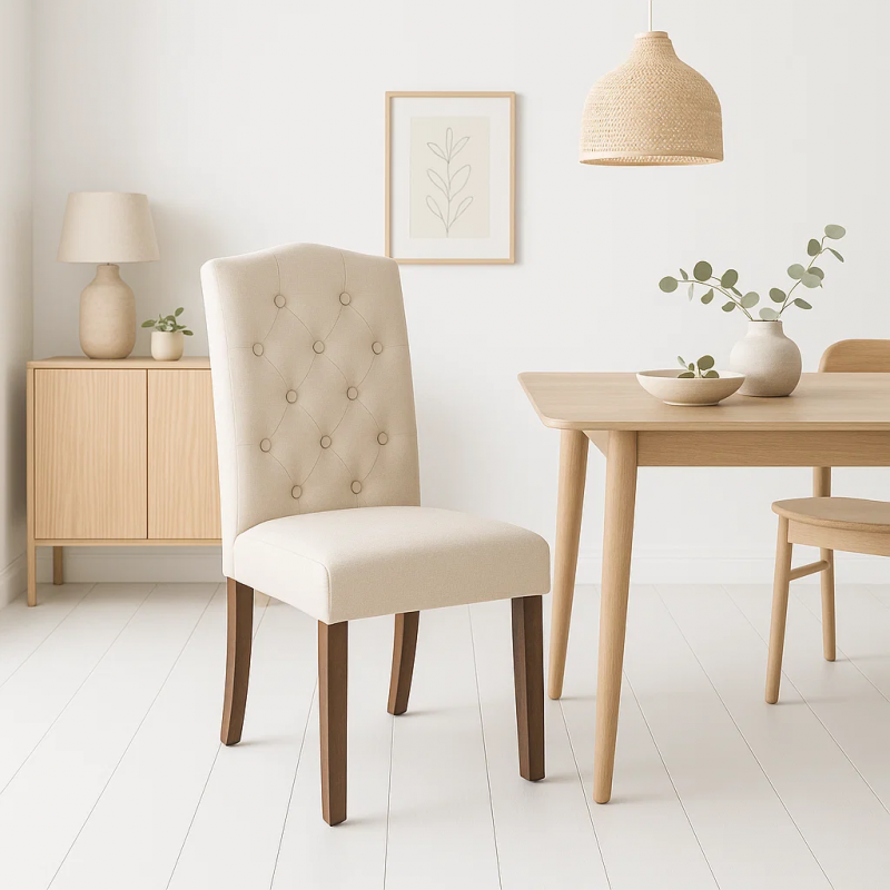 Silla de comedor acolchada Madera Elegance con respaldo capitoné, tapiz color beige y patas de madera, diseño clásico elegante ideal para comedor, living y decoración sofisticada.
